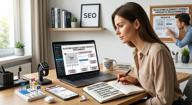 Kobieta planuje stronę produktu WooCommerce, notując kluczowe elementy przy biurku z laptopem i notatnikiem