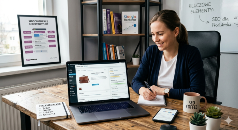 Kobieta pracująca przy laptopie, notująca pomysły dotyczące SEO produktów w biurze