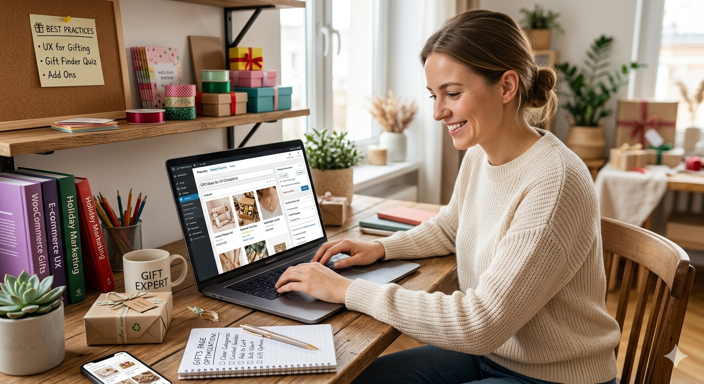 Uśmiechnięta kobieta pracuje na laptopie w przytulnym biurze, optymalizując stronę z prezentami w WooCommerce