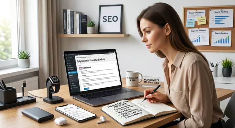 Kobieta pracująca przy biurku nad optymalizacją SEO produktów w sklepie internetowym, z checklistą i grafikami w tle